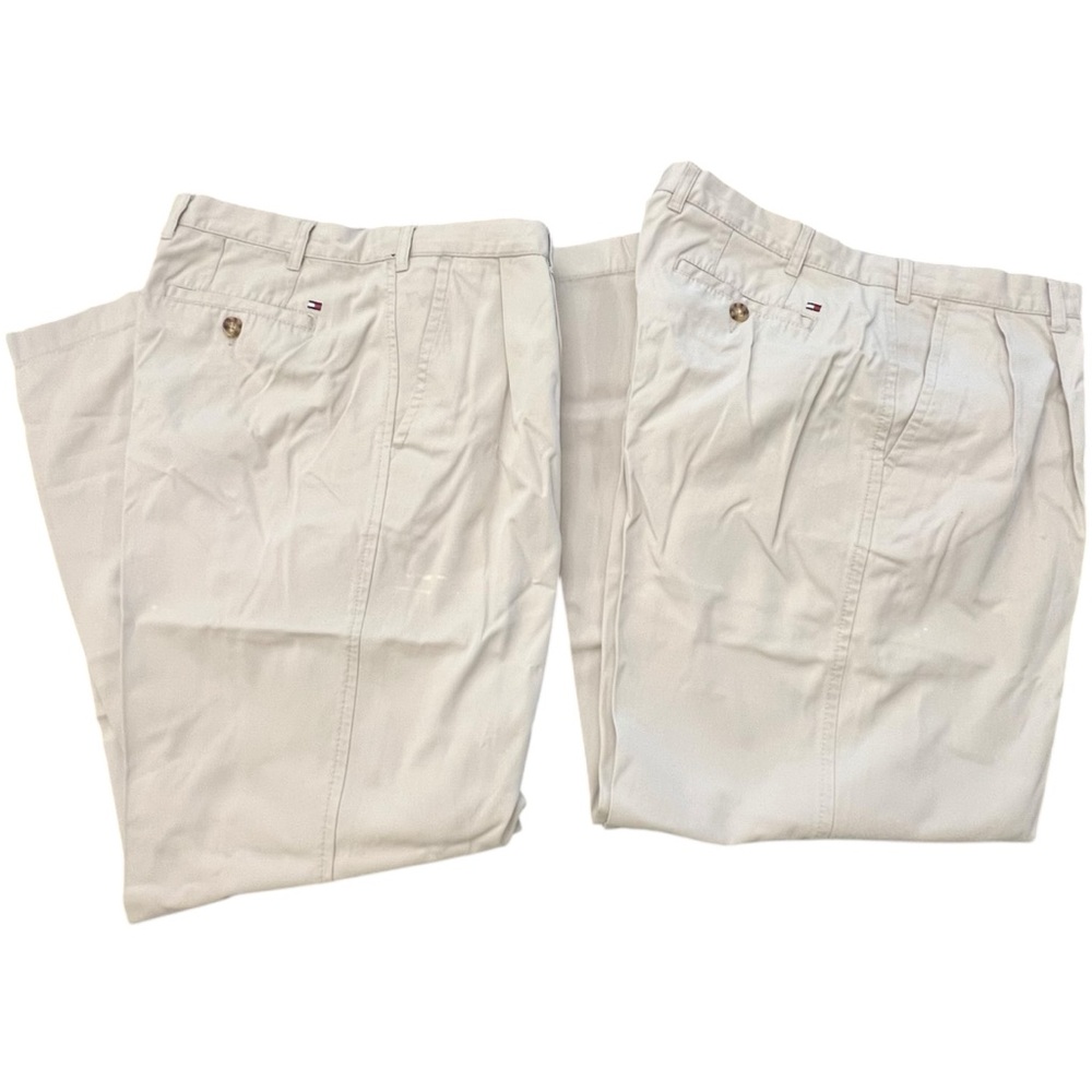 Lot Of 2 Tommy Hilfiger Men's Pleated Front Khaki Tan Beige Pants 38x32 STAINS
